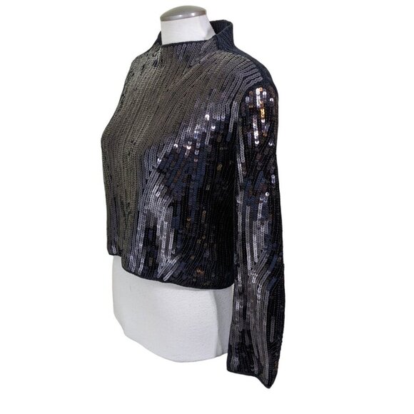 Zara Sequin Embellished Chenille Sweater Womens Medium Black Cropped Long Sleeve - Picture 3 of 6